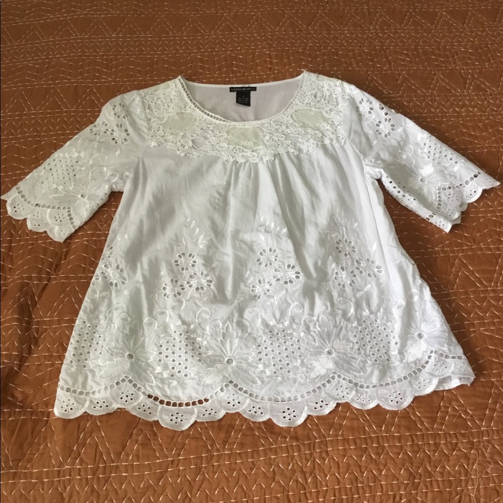 Lauren Michelle Eyelet and Embroidered Trim Top